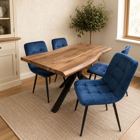 Kosy Koala 4 Seater Rustic Brown Wooden Effect Dining Table Set with 4 Blue Velvet Chairs (1/5)