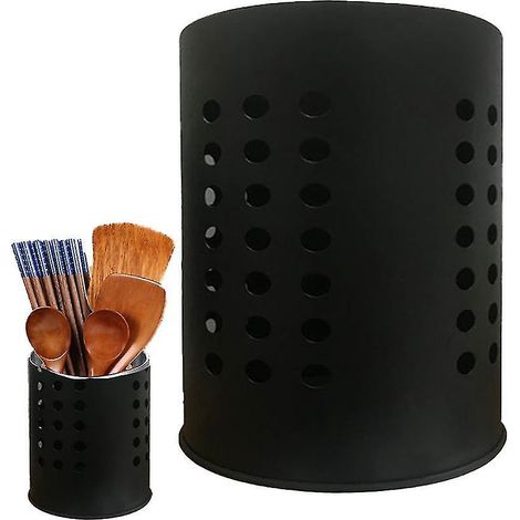 Porte-couverts en acier inoxydable, cylindre de séchage pour ustensiles de cuisine avec trou d'égouttage, petit modèle, noir (1/5)