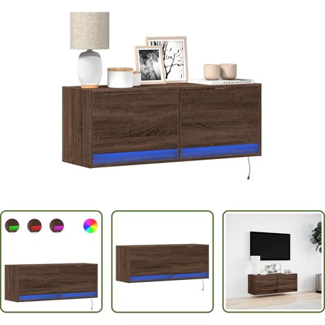 Armoire TV murale - Meuble TV mural avec lumières LED chêne marron 100x31x35 cm (1/5)