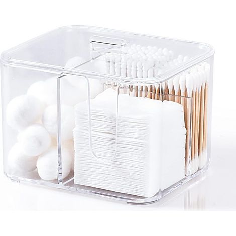 Boîte de rangement en plastique transparent pour boules et cotons-tiges, avec couvercle et distributeur de coton. (1/5)