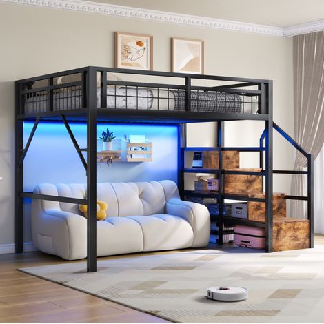 Hochbett 140x200 cm schwarz aus Metall und MDF mit LED-Beleuchtung und Stauraumtreppe (1/5)
