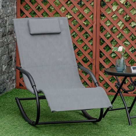 Chaise longue ergonomica a dondolo con poggiatesta, braccioli, in metallo zincato, textilene, grigio