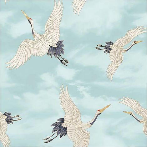 Crane Bird Wallpaper Duck Egg Blue Clouds Metallic Detail Catherine Lansfield (1/4)
