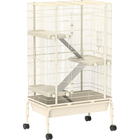 Cage petits animaux 4 niveaux avec gamelle et biberon beige 88x48x150.5cm