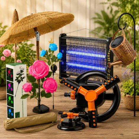Juego de iluminación solar para jardín (5 piezas): lámpara en forma de rosa, lámpara en forma de regadera, sombrilla y matainsectos (1/5)