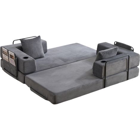 Canapé-lit pliable en velours côtelé gris foncé avec range-gobelets et poches latérales (1/5)