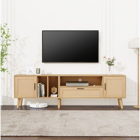 Mueble TV salón con ratán cajón estantes roble hogar OKMYHOME (1/5)