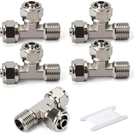 5pcs T Shape Nickel-Plated Brass Compression Connection Pneumatic Tee, 3 Way Side Male Thread Pipe Separator,1/4 BSP Male × 8mm Tube (1/5)