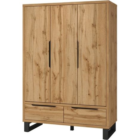 Armario de madera estilo escandinavo de 150 cm con 3 puertas y 2 cajones color roble natural. Colección MILOS. (1/5)