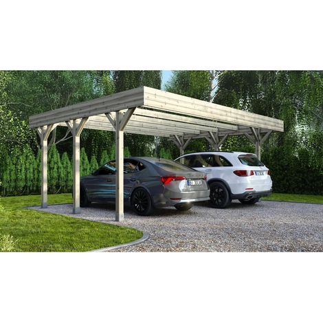 Altanka – Carport en bois autoportant 6,06x5,03 m – Surface 30,48 m² – Hauteur de passage 2,36 m – Toit plat traité autoclave