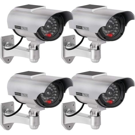 4Pcs Caméra Factice Intérieur Extérieur Solaire, Étanche, Fausse Caméra de Surveillance CCTV avec Lumière LED Rouge Clignotante (Argenté) (1/5)
