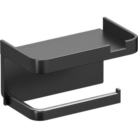 Toilet Paper Holder, Sticky Paper Towel Roll Dispenser, Bathroom Organizer with Phone Holder, Black 7.09 x 4.41 inches (1/5)
