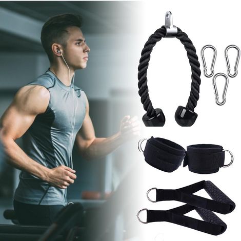 Ensemble de corde de traction pour fitness avec 2 poignées d'exercice et 3 mousquetons, accessoires pour machine à câbles et poulie pour musculation des triceps (noir). (1/5)