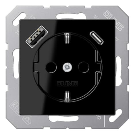 Jung Toma de corriente SCHUKO®, 16 A 250 V , con cargador USB, 1 x Typ A + 1 x Typ C, SAFETY+, Serie A, schwarz A 1520-15 CA SW