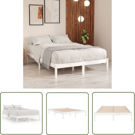 INLIFE Cadre de lit Blanc Bois de pin massif 160x200 cm (1/5)