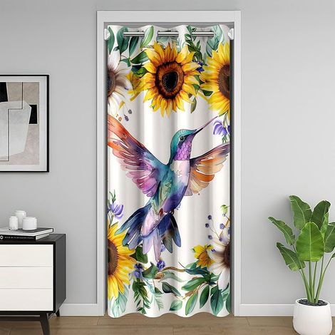 Fille Colibri Rideau de Porte Pays Tournesol Rideau de Porte pour Porte Jardin Aquarelle Oiseau Fleur Rideau Occultant Ferme Plante Feuille Fleur Rideau Occultant Rideaux 86x203 - 86L X 203H cm (1 Pan (1/5)