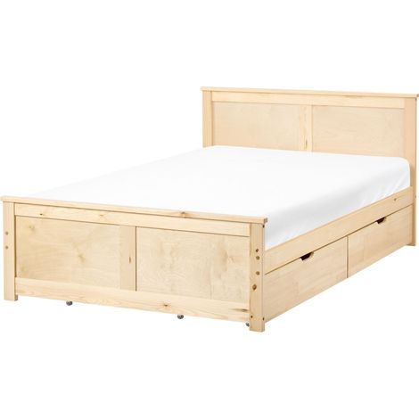 Storage Bed with 4 Drawers Natural Pine Wood MDF Birch Wood EU Small Double Size 4ft Headboard Scandinavian DAUPHIN