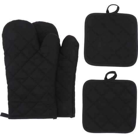 Juego de cuatro guantes resistentes al calor y a altas temperaturas, de color liso - negro. (1/4)