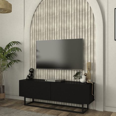 Mobile Porta TV Nolven a 2 Ante Ribalta e Telaio in Metallo 135x32x47 cm - Nero [en.casa]
