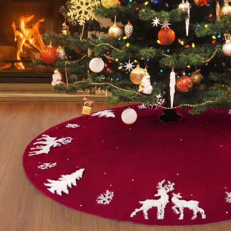 Jupe Sapin de Noël Rouge 90 cm, Tapis de Couverture Base d'Arbre 3D Elk, Couvre-Pied pour Décorations de Fête (1/5)