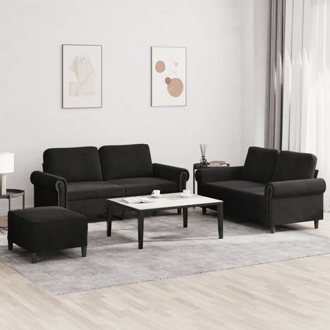 3-tlg. Sofagarnitur mit Kissen Schwarz Samt