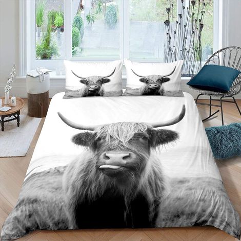 Parure de lit avec housse de couette 135 x 200 cm, motif vaches des hautes terres, animaux de la ferme, motifs animaux de la nature, gris et blanc (1/5)