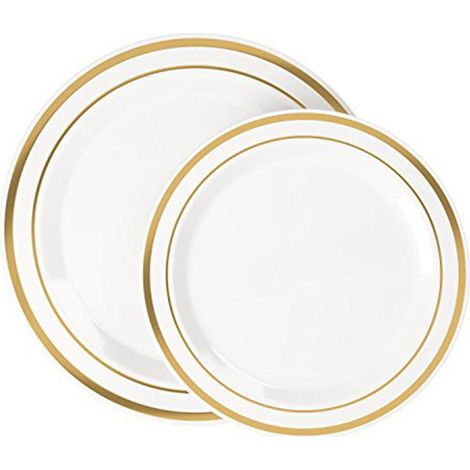 Goldene und silberne Plastikteller, 50 Stück: 25 Teller mit 15 cm Durchmesser und 25 Salatteller mit 23 cm Durchmesser für Partys und Empfänge. (1/3)