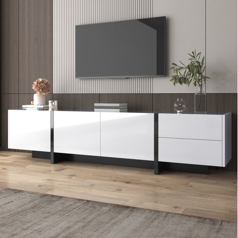 Mueble TV salón alto brillo blanco negro con cajones HAVRYA (1/5)
