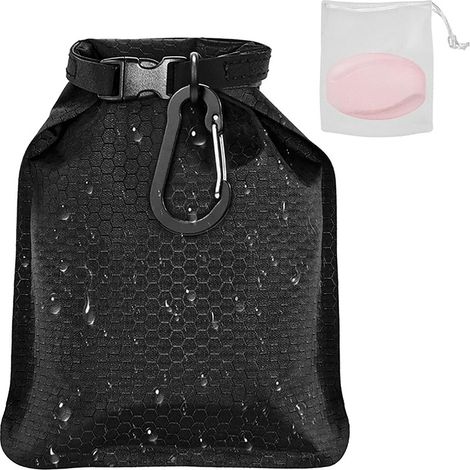 Bolsa portajabón con red y mosquetón. Ultraligera, de secado rápido, impermeable, ideal para viajes, camping y actividades al aire libre (negra). (1/5)