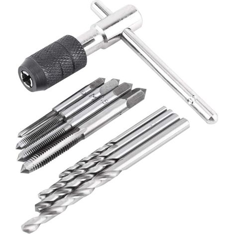 Juego de 9 machos de roscar, 1 llave de macho en forma de T, 4 machos de roscar y 4 brocas helicoidales, juego de llaves de macho de acero para cojinetes de alta calidad, kit de brocas helicoidales pa (1/4)