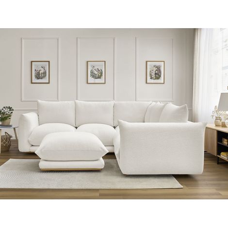 BOBOCHIC - Canapé d'angle fixe ERNEST tissu bouclette avec pouf Blanc (1/5)