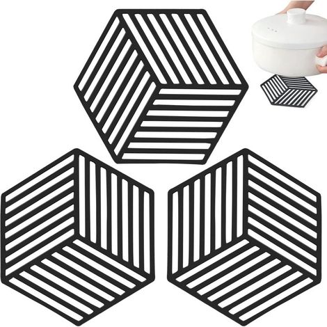 (Noir) 3 Pièces Dessous de Plat Silicone, Antidérapant Hexagonal sous Plat, Résistants Chaleur Jusqu'à 250°C Flexibilité Utilisation sous Plat de Table pour Plats Bol Cuillère Ménage Cuisine (1/5)