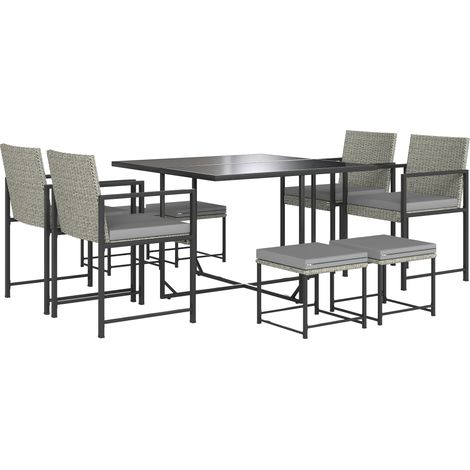 Set di mobili da giardino per esterni a 8 posti in resina intrecciata con cuscini e piano del tavolo in vetro temperato, grigio
