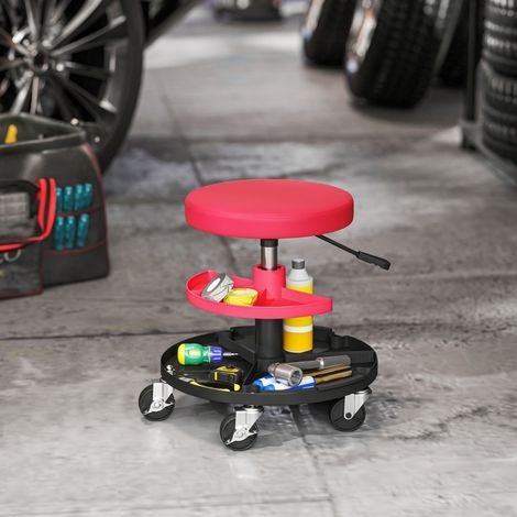 Tabouret d'atelier à roulettes réglable en hauteur 40 à 51 cm, avec plateaux de rangement, siège confortable et structure acier rouge, charge 135 kg – CHICFURN (1/5)