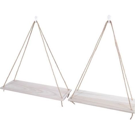 Tagère Flottante - Bois Naturel - Support Mural Sans Vis - Corde À Linge Intégrée - 2 Pièces (1/4)