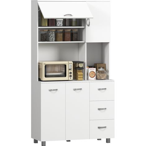 Buffet haut avec tiroirs et placards, placard de cuisine à micro-ondes avec étagères ouvertes, 100 x 39,5 x 183,5 cm, blanc