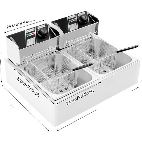 Freidora eléctrica de doble tanque con control de temperatura ajustable, color plata. (1/2)