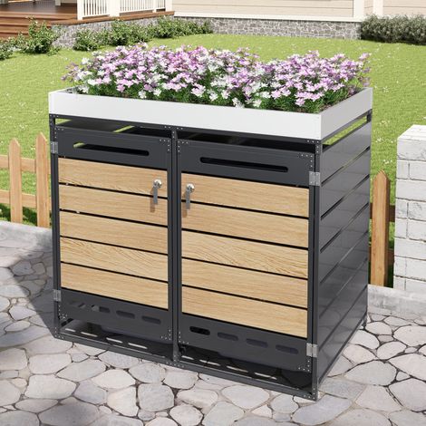 Cache-poubelles 2 bacs avec jardinière intégrée, métal noir aspect bois, verrouillable