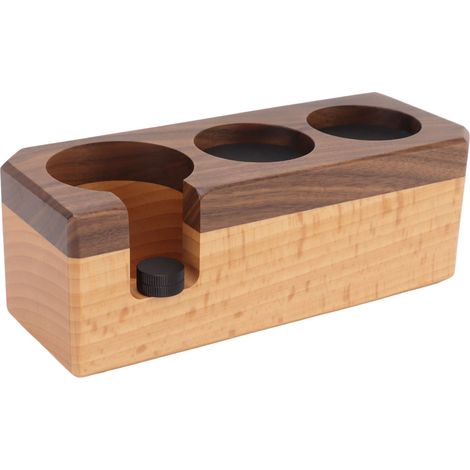 Station de tassage avec tapis antidérapants en bois épais, élégant support de tassage multifonction pour porte-filtres de 51, 54 et 58 mm, petit format. (1/5)