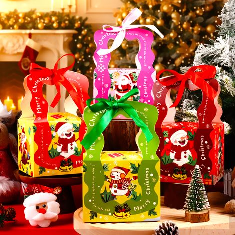 Boîte cadeau pour pomme de Noël – Emballage pour le réveillon – Boîte à bonbons – Motif dessin animé – Lot de 20 (Modèle avec poignée et bords festonnés, longueur 12 cm, ruban inclus) (1/5)