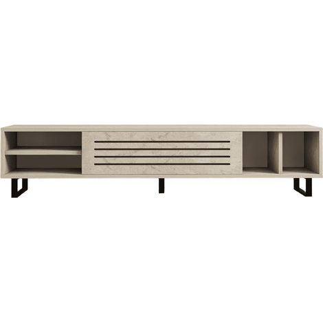 CALICOSY - Meuble TV 1 porte abattante et 4 niches décor travertin L160 cm - SAFIR (1/5)