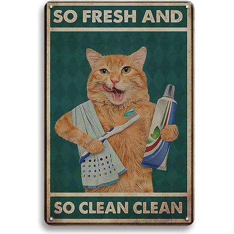 Décoration Murale de Salle de Bain à Chat, Plaques de Chat, Cadeaux pour les Amateurs de Chats, Chat Orange Se Brossant les Dents et Se Lavant le Visage, Décoration de Salle de Bain Bizarre, 30x20 Cm (1/5)