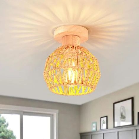 Plafonnier Industriel Vintage 15cm Lustre Abat-jour en Rotin Brun E27 Lampe de Plafond Design Cage pour Salon Chambre (1/5)