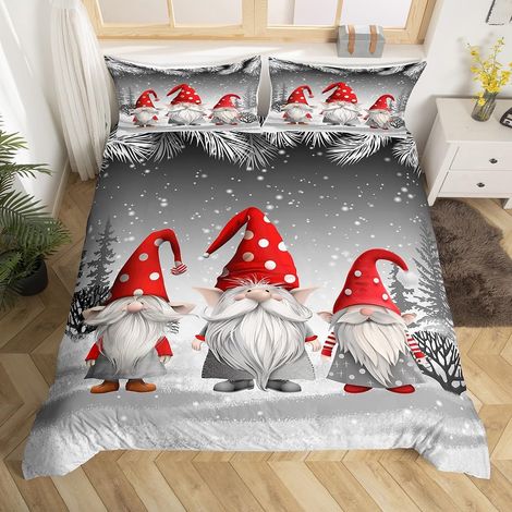 Housse de Couette 140x200 Enfant GNOME de Noël, Parure de Lit Thème Noël pour Garçons Filles, Sets de Housses de Couettes Père Noël Flocon de Neige, Couvre Lit Joyeux Noël, Gris - 140x200cm + 1 Taie O (1/5)