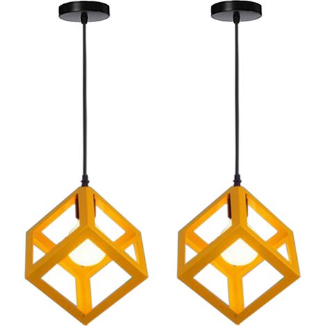 2PCS Retro Ceiling Lights Modern Hanging Lamp Square Pendant Light (Color:Yellow) Iron Metal Cage Pendant Light Creative Geometric Ceiling Light