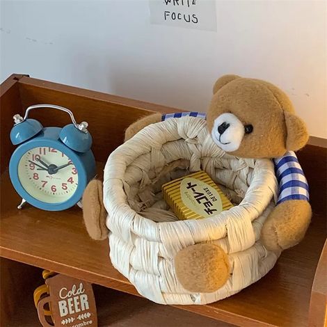 Panier de rangement Ourson mignon en paille pour bureau, chambre, rangement de bureau, corbeille décorative (1/5)
