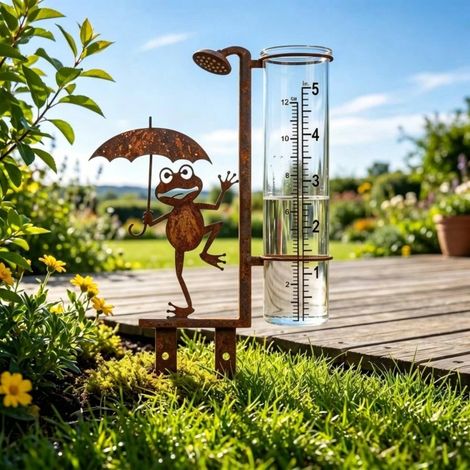 Pluviomètre de Jardin Grenouille en Fer Vieilli, Jauge de Pluie avec Gobelet en Verre, Piquet Décoratif (1/5)