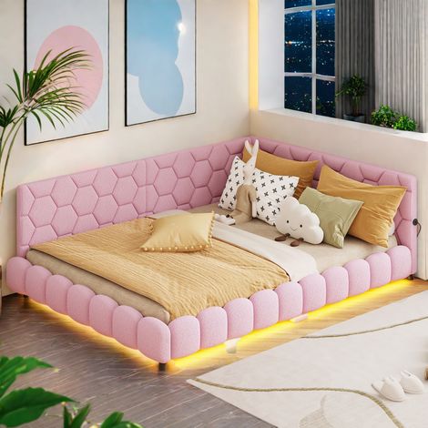 Gepolstertes Einzelbett 140x200 cm, mit LED-Beleuchtung, USB-Ladefunktion, Kinderbett aus Samt, Moderner Stil – Rosa