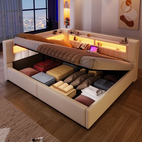 Lit banquette 140x200cm Lit coffre hydraulique USB Type-C LED - lin - beige (1/5)