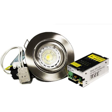 Kit que incluye un MR16 12v 5W MR16 con soporte y base y transformador  LED de color: Blanco frío (6000-6500K) - Color del soporte: Metal cepillado